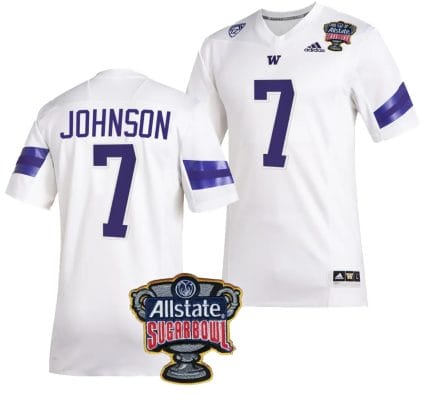 Michael Penix Jr Jersey #9 Washington Huskies Allstate Sugar Bowl Patch 2024 College Football White 8 Dillon Johnson Jersey #7 Washington Huskies Allstate Sugar Bowl Patch 2024 College Football White
