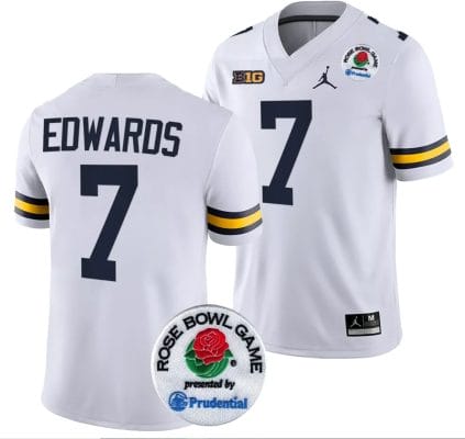 Donovan Edwards Jersey #7 Michigan Wolverines Rose Bowl Game 2024 Patch College Football Playoff White 8 Donovan Edwards Jersey #7 Michigan Wolverines Rose Bowl Game 2024 Patch College Football Playoff White