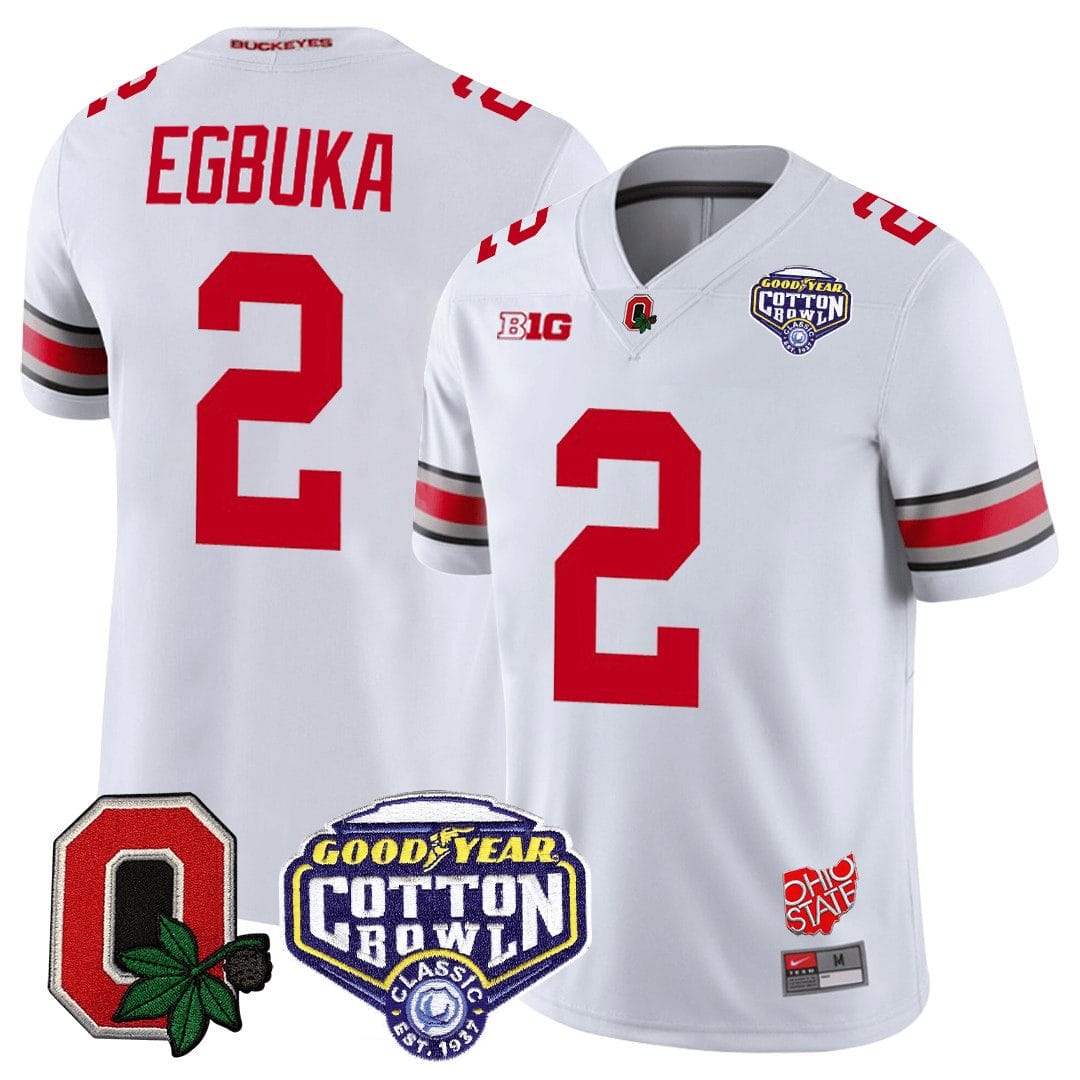 Emeka Egbuka Jersey #2 Ohio State Buckeyes Good Year Cotton Bowl Patch Football White 1 Emeka Egbuka Jersey #2 Ohio State Buckeyes Good Year Cotton Bowl Patch Football White