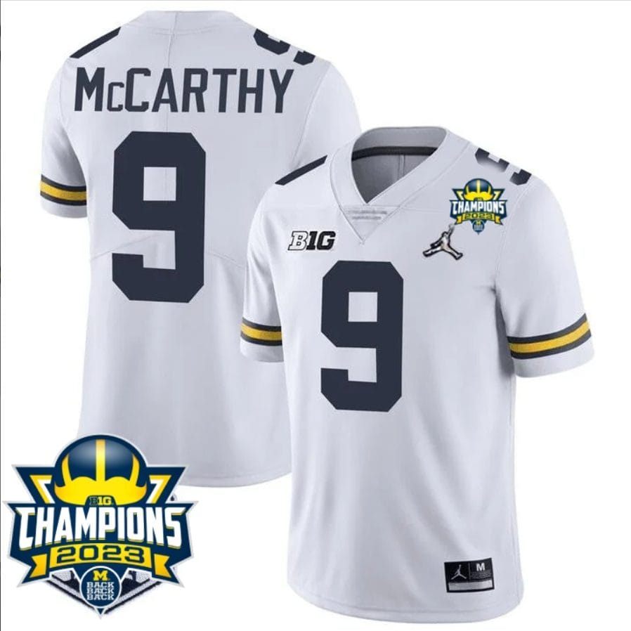JJ McCarthy Jersey #9 Michigan Wolverines 2023 Big Ten Back to Back Champions Patch Stitched White 1 JJ McCarthy Jersey #9 Michigan Wolverines 2023 Big Ten Back to Back Champions Patch Stitched White