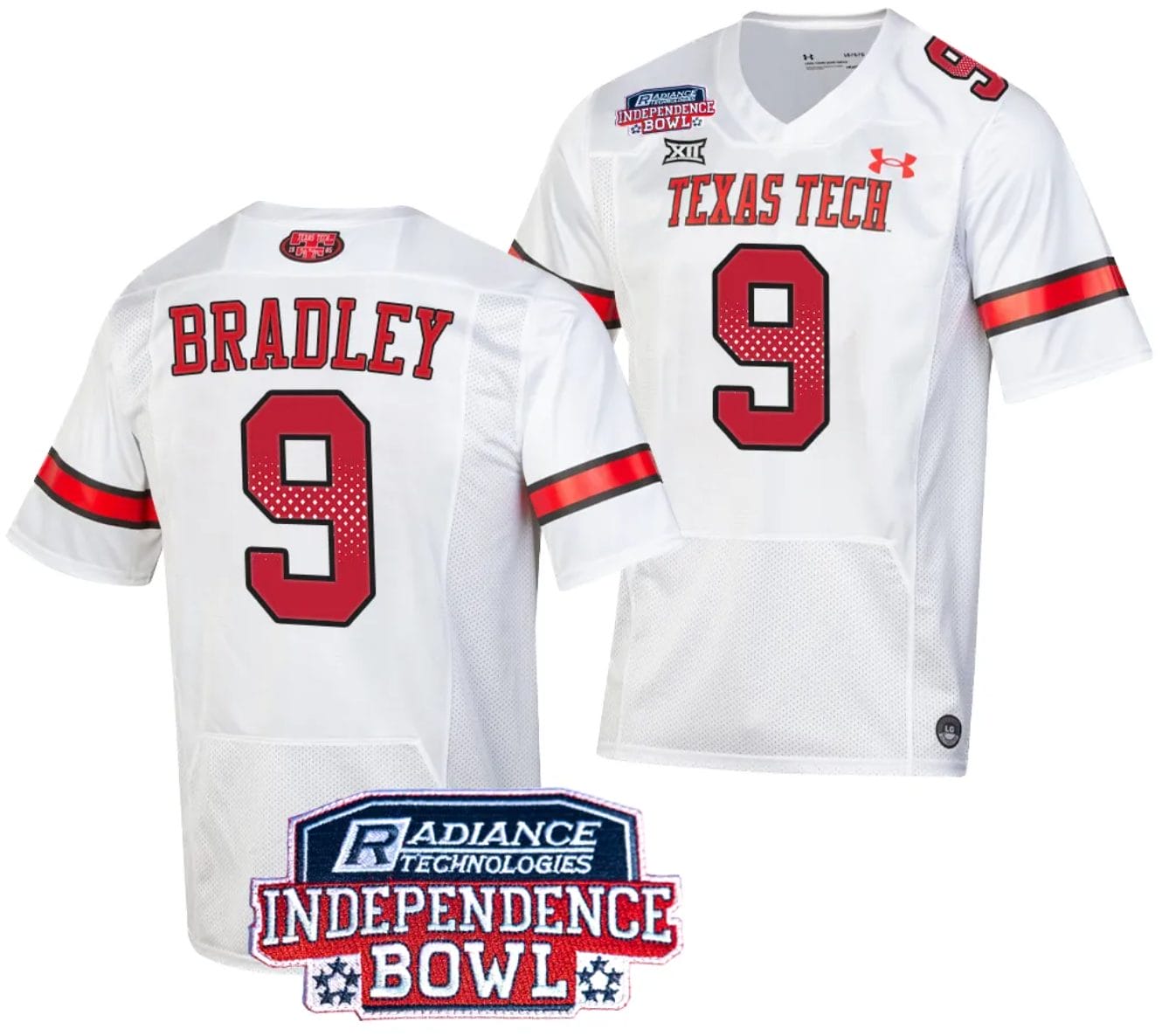 Jerand Bradley Jersey #9 Texas Tech Red Raiders Independence Bowl Patch Football 2023 White 1 Jerand Bradley Jersey #9 Texas Tech Red Raiders Independence Bowl Patch Football 2023 White