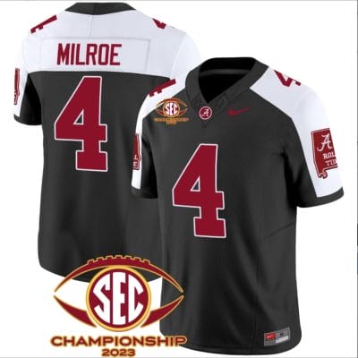 Jalen Milroe Jersey #4 Alabama Crimson SEC Championship 2023 Patch Vapor Limited Football Black Alternate 8 Jalen Milroe Jersey #4 Alabama Crimson SEC Championship 2023 Patch Vapor Limited Football Black Alternate