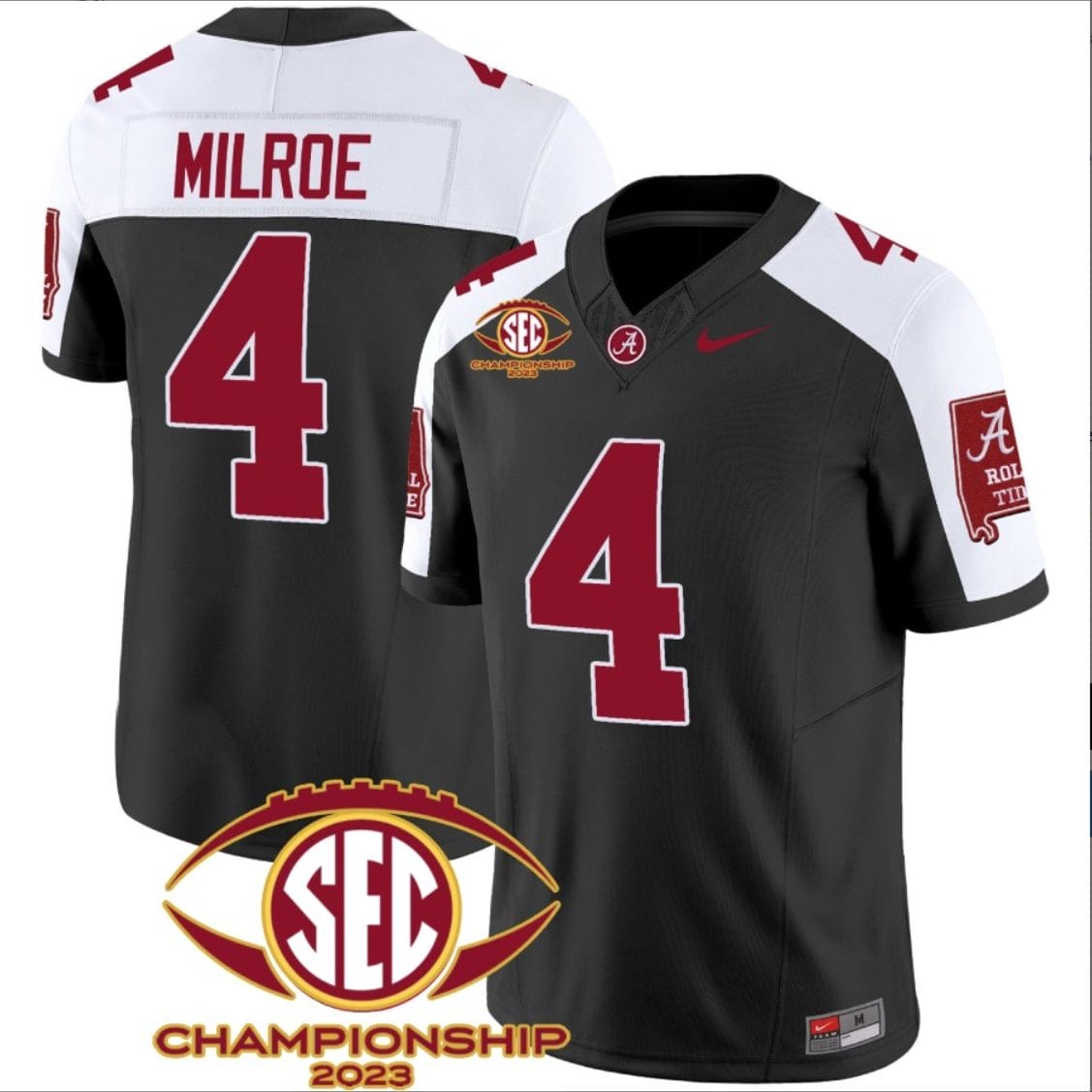 Jalen Milroe Jersey #4 Alabama Crimson SEC Championship 2023 Patch Vapor Limited Football Black Alternate 1 Jalen Milroe Jersey #4 Alabama Crimson SEC Championship 2023 Patch Vapor Limited Football Black Alternate
