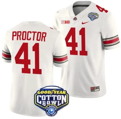 Josh Proctor Jersey #41 Ohio State Buckeyes Cotton Bowl Patch 2023 Football White 8 Josh Proctor Jersey #41 Ohio State Buckeyes Cotton Bowl Patch 2023 Football White