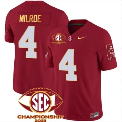 Jalen Milroe Jersey #4 Alabama Crimson SEC Championship 2023 Patch Vapor Gold Football Crimson