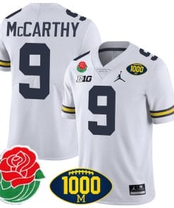 JJ McCarthy Jersey #9 Michigan Wolverines 1000 Wins & Rose Bowl Patch Special White