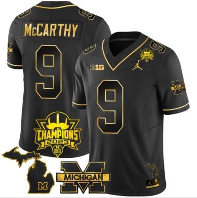 JJ McCarthy Jersey #9 Michigan Wolverines 2023 Big Ten Back to Back Champions Patch Stitched Black Gold