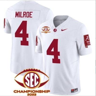 Jalen Milroe Jersey #4 Alabama Crimson SEC Championship 2023 Patch Vapor Limited Football White 8 Jalen Milroe Jersey #4 Alabama Crimson SEC Championship 2023 Patch Vapor Limited Football White
