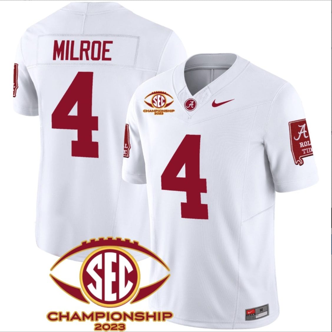 Jalen Milroe Jersey #4 Alabama Crimson SEC Championship 2023 Patch Vapor Limited Football White 1 Jalen Milroe Jersey #4 Alabama Crimson SEC Championship 2023 Patch Vapor Limited Football White