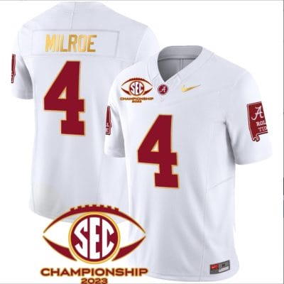 Jalen Milroe Jersey #4 Alabama Crimson SEC Championship 2023 Patch Vapor Gold Football White