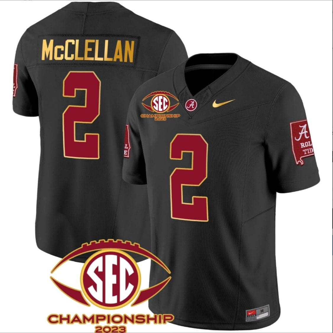 Jase McClellan Jersey #2 Alabama Crimson SEC Championship 2023 Patch Vapor Gold Football Black 1 Jase McClellan Jersey #2 Alabama Crimson SEC Championship 2023 Patch Vapor Gold Football Black