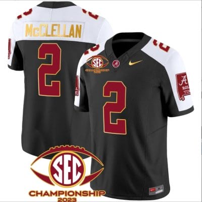 Jase McClellan Jersey #2 Alabama Crimson SEC Championship 2023 Patch Vapor Gold Football Black Alternate 8 Jase McClellan Jersey #2 Alabama Crimson SEC Championship 2023 Patch Vapor Gold Football Black Alternate