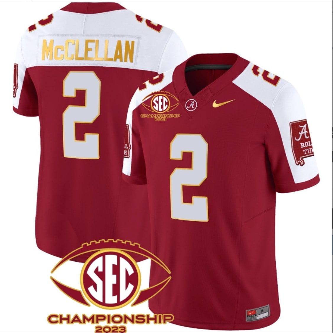 Jase McClellan Jersey #2 Alabama Crimson SEC Championship 2023 Patch Vapor Gold Football Crimson Alternate 1 Jase McClellan Jersey #2 Alabama Crimson SEC Championship 2023 Patch Vapor Gold Football Crimson Alternate