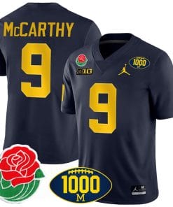 JJ McCarthy Jersey #9 Michigan Wolverines 1000 Wins & Rose Bowl Patch Special Navy