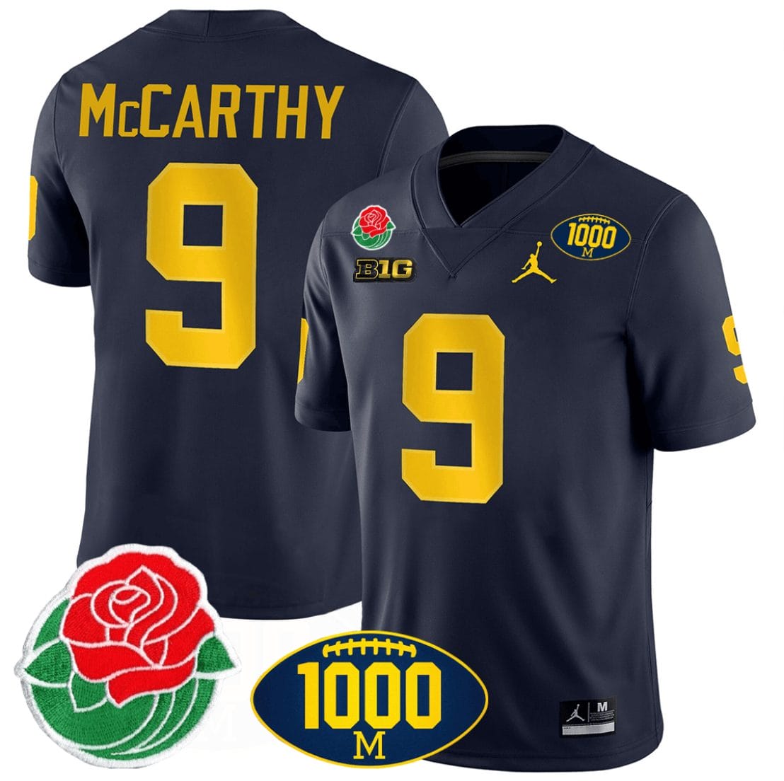 JJ McCarthy Jersey #9 Michigan Wolverines 1000 Wins & Rose Bowl Patch Special Navy 1 JJ McCarthy Jersey #9 Michigan Wolverines 1000 Wins & Rose Bowl Patch Special Navy