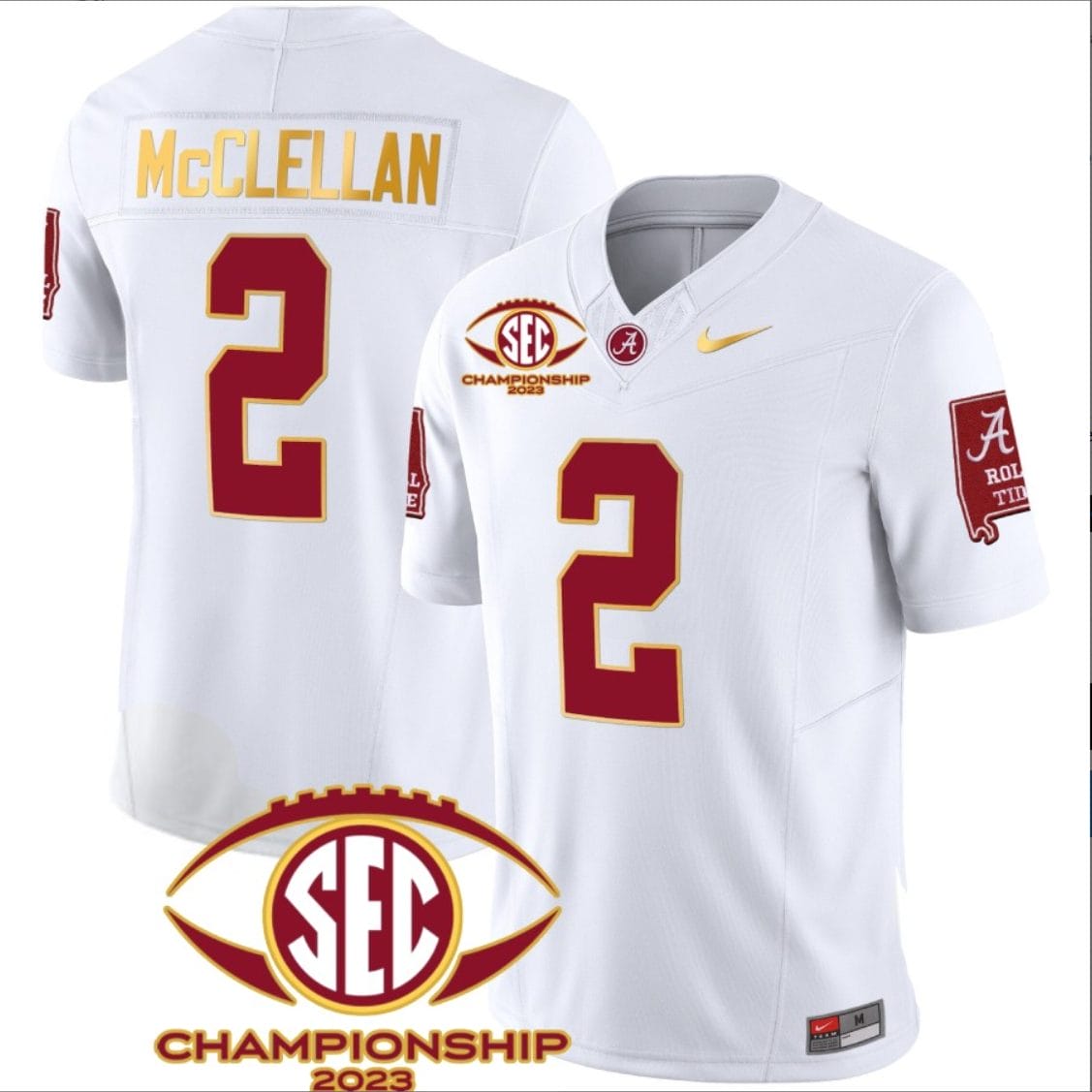 Jase McClellan Jersey #2 Alabama Crimson SEC Championship 2023 Patch Vapor Gold Football White 1 Jase McClellan Jersey #2 Alabama Crimson SEC Championship 2023 Patch Vapor Gold Football White