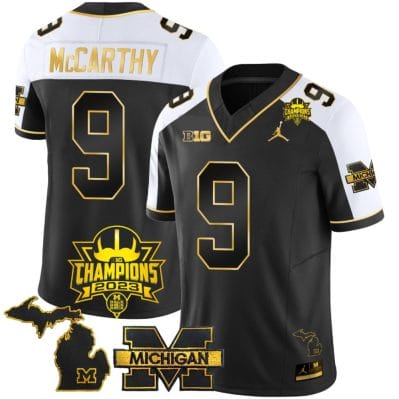 JJ McCarthy Jersey #9 Michigan Wolverines 2023 Big Ten Back to Back Champions Patch Stitched Gold Alternate 8 JJ McCarthy Jersey #9 Michigan Wolverines 2023 Big Ten Back to Back Champions Patch Stitched Gold Alternate