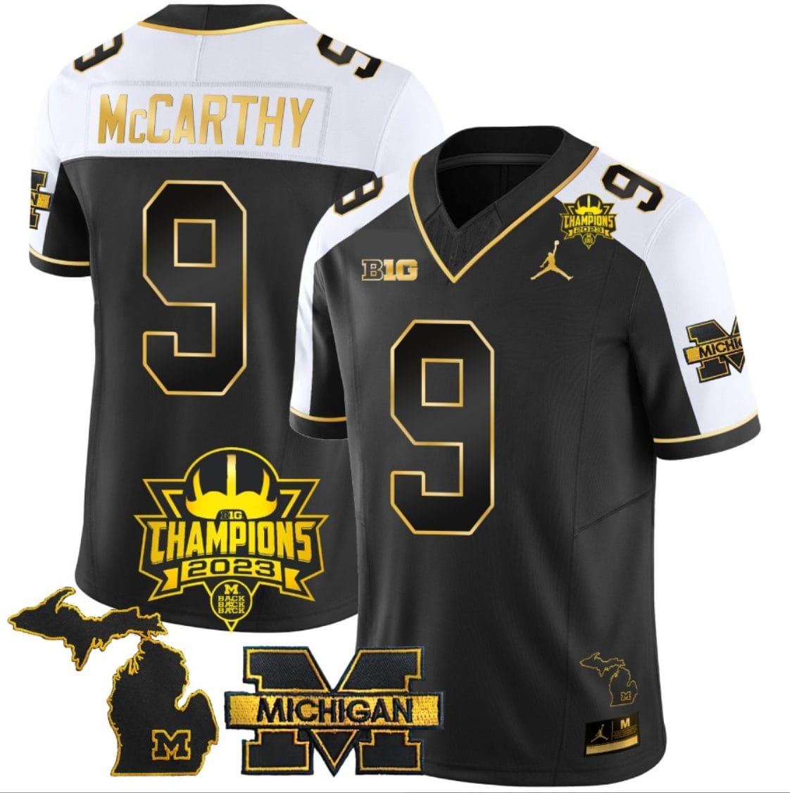 JJ McCarthy Jersey #9 Michigan Wolverines 2023 Big Ten Back to Back Champions Patch Stitched Gold Alternate 1 JJ McCarthy Jersey #9 Michigan Wolverines 2023 Big Ten Back to Back Champions Patch Stitched Gold Alternate