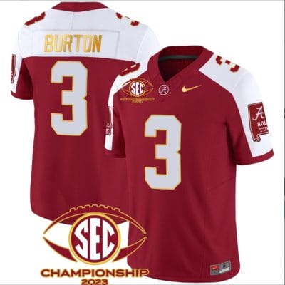 Jermaine Burton Jersey #3 Alabama Crimson SEC Championship 2023 Patch Vapor Gold Football Crimson Alternate