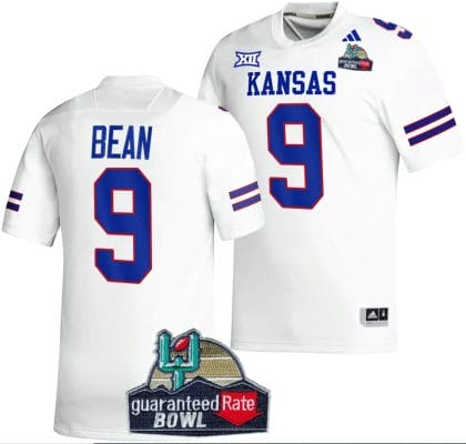 Jason Bean Jersey #9 Kansas Jayhawks 2023 Guaranteed Rate Bowl Champs MVP Football White 8 Jason Bean Jersey #9 Kansas Jayhawks 2023 Guaranteed Rate Bowl Champs MVP Football White