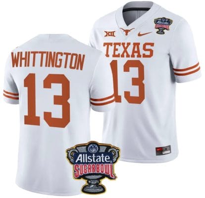Jordan Whittington Jersey #13 Texas Longhorns Allstate Sugar Bowl Patch 2024 College Football White 8 Jordan Whittington Jersey #13 Texas Longhorns Allstate Sugar Bowl Patch 2024 College Football White