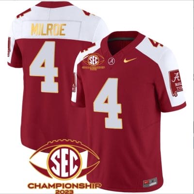 Jalen Milroe Jersey #4 Alabama Crimson SEC Championship 2023 Patch Vapor Gold Football Crimson Alternate