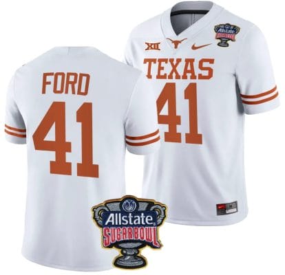 Jaylan Ford Jersey #41 Texas Longhorns Allstate Sugar Bowl Patch 2024 College Football White 8 Jaylan Ford Jersey #41 Texas Longhorns Allstate Sugar Bowl Patch 2024 College Football White