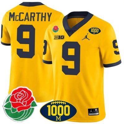 JJ McCarthy Jersey #9 Michigan Wolverines 1000 Wins & Rose Bowl Patch Special Yellow 8 JJ McCarthy Jersey #9 Michigan Wolverines 1000 Wins & Rose Bowl Patch Special Yellow