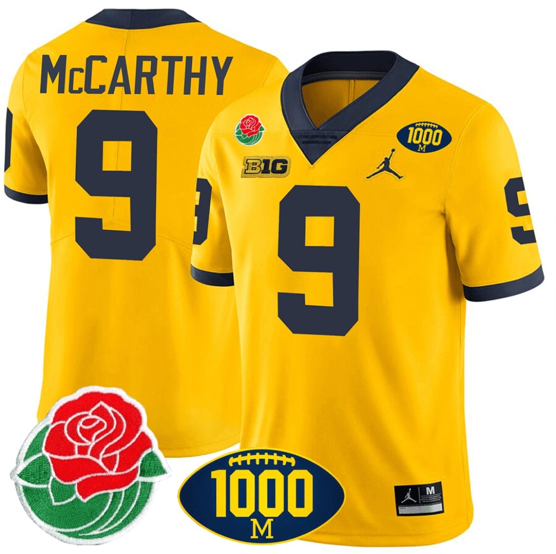 JJ McCarthy Jersey #9 Michigan Wolverines 1000 Wins & Rose Bowl Patch Special Yellow 1 JJ McCarthy Jersey #9 Michigan Wolverines 1000 Wins & Rose Bowl Patch Special Yellow