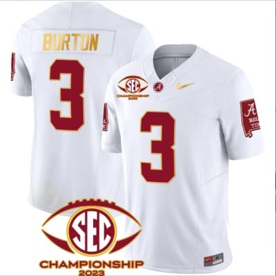 Jermaine Burton Jersey #3 Alabama Crimson SEC Championship 2023 Patch Vapor Gold Football White 8 Jermaine Burton Jersey #3 Alabama Crimson SEC Championship 2023 Patch Vapor Gold Football White