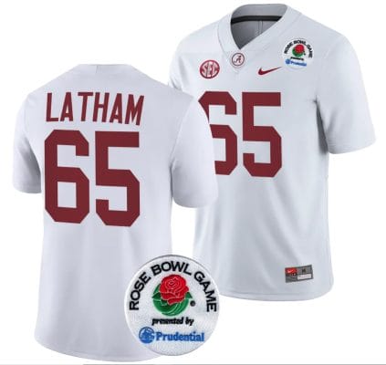 JC Latham Jersey #65 Alabama Crimson Tide Rose Bowl Game 2024 Patch College Football Playoff White 8 JC Latham Jersey #65 Alabama Crimson Tide Rose Bowl Game 2024 Patch College Football Playoff White