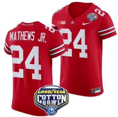 Jermaine Mathews Jr Jersey #24 Ohio State Buckeyes Cotton Bowl Patch 2023 Football Scarlet 8 Jermaine Mathews Jr Jersey #24 Ohio State Buckeyes Cotton Bowl Patch 2023 Football Scarlet
