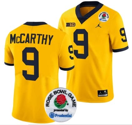 JJ McCarthy Jersey #9 Michigan Wolverines Rose Bowl Game 2024 Patch College Football Playoff Maize