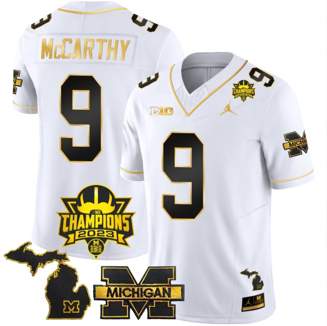 JJ McCarthy Jersey #9 Michigan Wolverines 2023 Big Ten Champions Patch Stitched White Gold 1 JJ McCarthy Jersey #9 Michigan Wolverines 2023 Big Ten Champions Patch Stitched White Gold