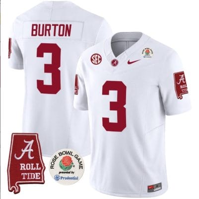 Jermaine Burton Jersey #3 Alabama Crimson Rose Bowl Patch Football White 8 Jermaine Burton Jersey #3 Alabama Crimson Rose Bowl Patch Football White