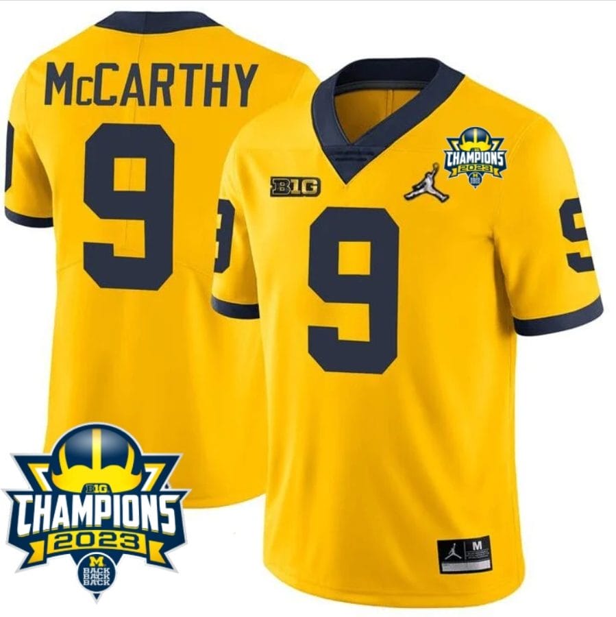 JJ McCarthy Jersey #9 Michigan Wolverines 2023 Big Ten Champions Patch Stitched Maize 1 JJ McCarthy Jersey #9 Michigan Wolverines 2023 Big Ten Champions Patch Stitched Maize
