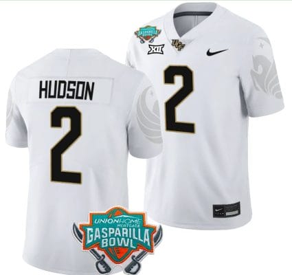 Kobe Hudson Jersey #2 UCF Knights 2023 Gasparilla Bowl Patch Football White 8 Kobe Hudson Jersey #2 UCF Knights 2023 Gasparilla Bowl Patch Football White