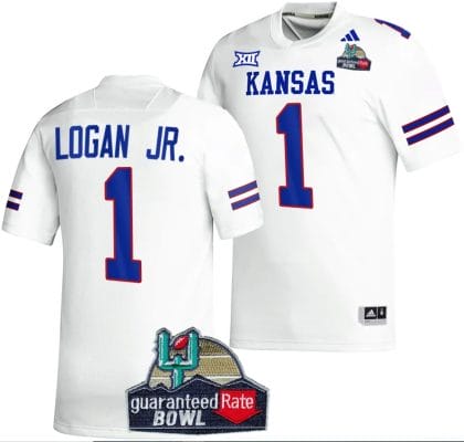 Kenny Logan Jr Jersey #1 Kansas Jayhawks 2023 Guaranteed Rate Bowl Champs MVP Football White