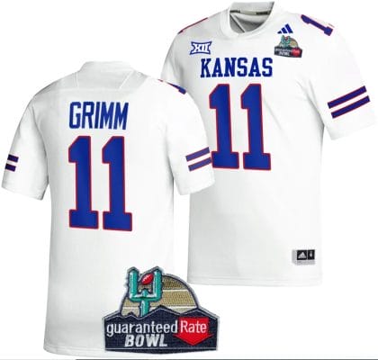 Luke Grimm Jersey #11 Kansas Jayhawks 2023 Guaranteed Rate Bowl Champs MVP Football White 8 Luke Grimm Jersey #11 Kansas Jayhawks 2023 Guaranteed Rate Bowl Champs MVP Football White