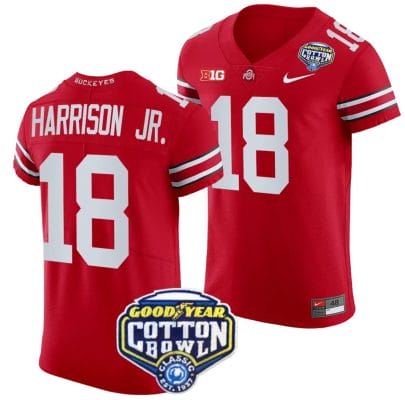 Marvin Harrison Jr Jersey #18 Ohio State Buckeyes Cotton Bowl Patch 2023 Football Scarlet 8 Marvin Harrison Jr Jersey #18 Ohio State Buckeyes Cotton Bowl Patch 2023 Football Scarlet