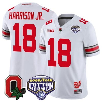 Marvin Harrison Jr Jersey #18 Ohio State Buckeyes Good Year Cotton Bowl Patch Football White