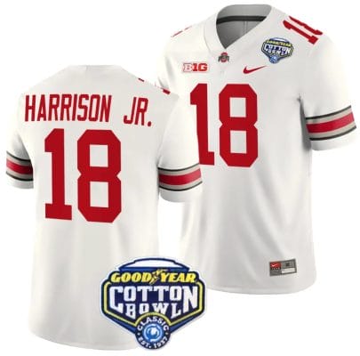 Marvin Harrison Jr Jersey #18 Ohio State Buckeyes Cotton Bowl Patch 2023 Football White 8 Marvin Harrison Jr Jersey #18 Ohio State Buckeyes Cotton Bowl Patch 2023 Football White
