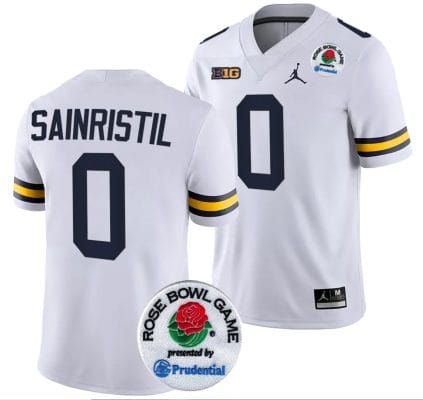 Mike Sainristil Jersey #0 Michigan Wolverines Rose Bowl Game 2024 Patch College Football Playoff White