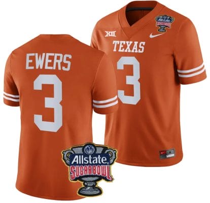Quinn Ewers Brooks Jersey #3 Texas Longhorns Allstate Sugar Bowl Patch 2024 College Football Orange