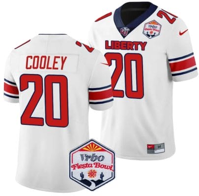 Quinton Cooley Jersey #20 Liberty Flames Fiesta Bowl Patch 2024 Football White 8 Quinton Cooley Jersey #20 Liberty Flames Fiesta Bowl Patch 2024 Football White