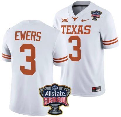 Quinn Ewers Brooks Jersey #3 Texas Longhorns Allstate Sugar Bowl Patch 2024 College Football White 8 Quinn Ewers Brooks Jersey #3 Texas Longhorns Allstate Sugar Bowl Patch 2024 College Football White