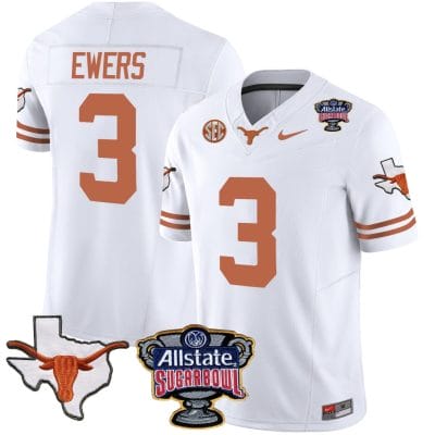 Quinn Ewers Jersey #3 Texas Longhorns Sugar Bowl Patch Vapor Football White