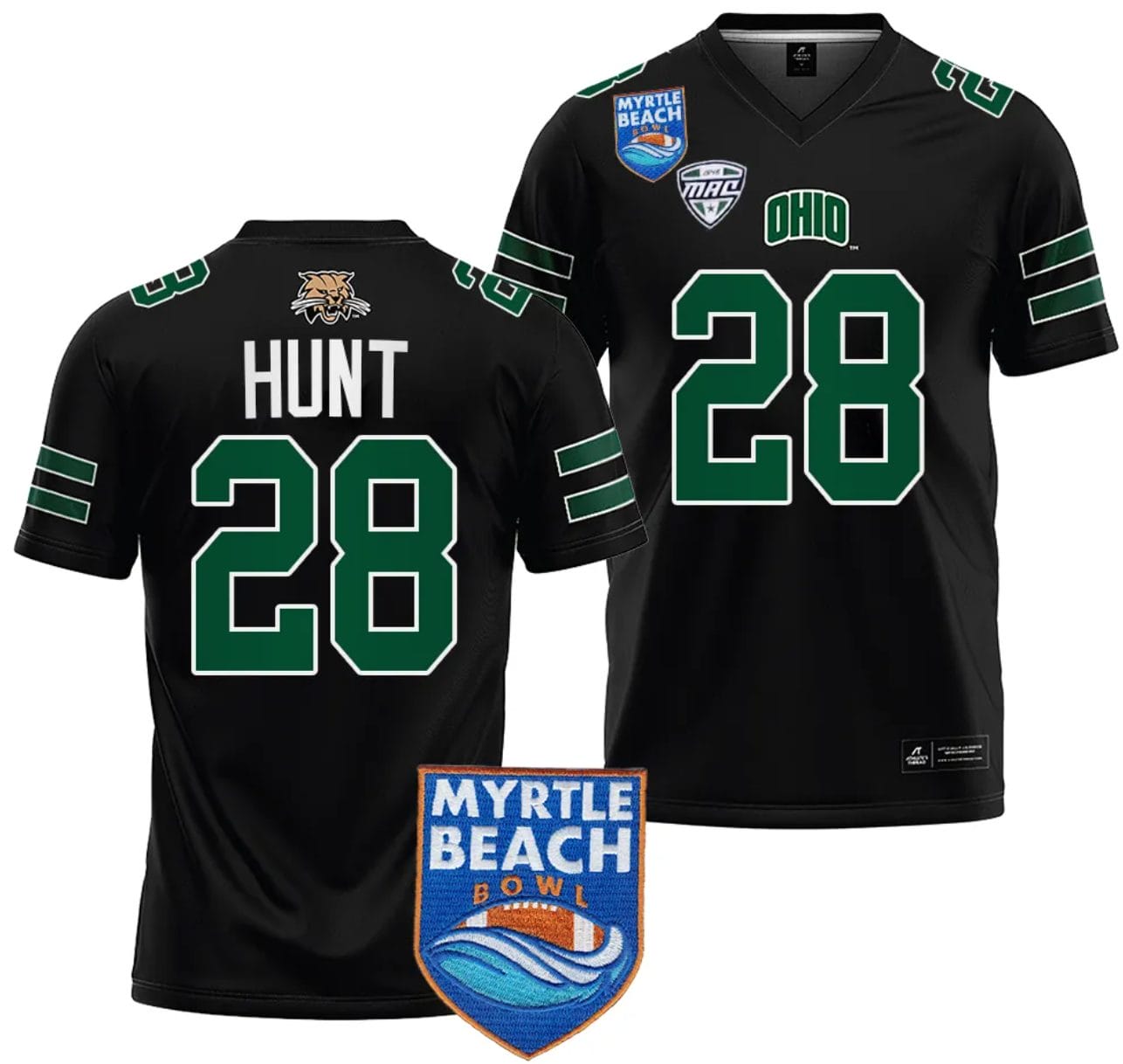 Rickey Hunt Jersey #28 Ohio Bobcats 2023 Myrtle Beach Bowl Patch College Football Black 1 Rickey Hunt Jersey #28 Ohio Bobcats 2023 Myrtle Beach Bowl Patch College Football Black
