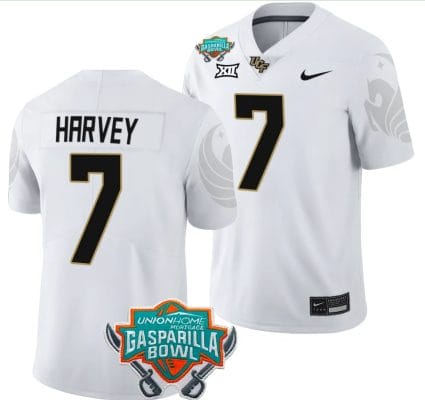 RJ Harvey Jersey #7 UCF Knights 2023 Gasparilla Bowl Patch Football White 8 RJ Harvey Jersey #7 UCF Knights 2023 Gasparilla Bowl Patch Football White
