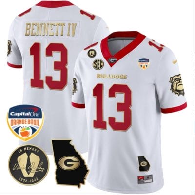 Stetson Bennett Jersey #13 Georgia Bulldogs Vapor Limited Orange Bowl Patch White Gold Trim